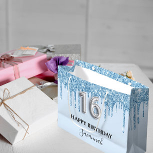 Light blue glitter drips name Sweet 16 Large Gift Bag