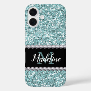 Light Blue Glitter & Gems with Name and Monogram iPhone 16 Case