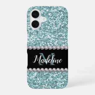 Light Blue Glitter & Gems with Name and Monogram iPhone 16 Case