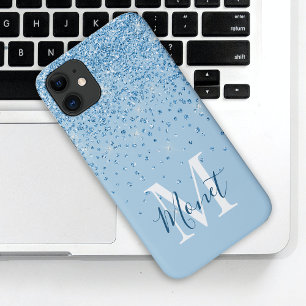 Light Blue Glitter Script Monogram Name iPhone 11 Case