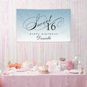 Light Blue Glitter Sweet 16 Personalised Birthday Banner