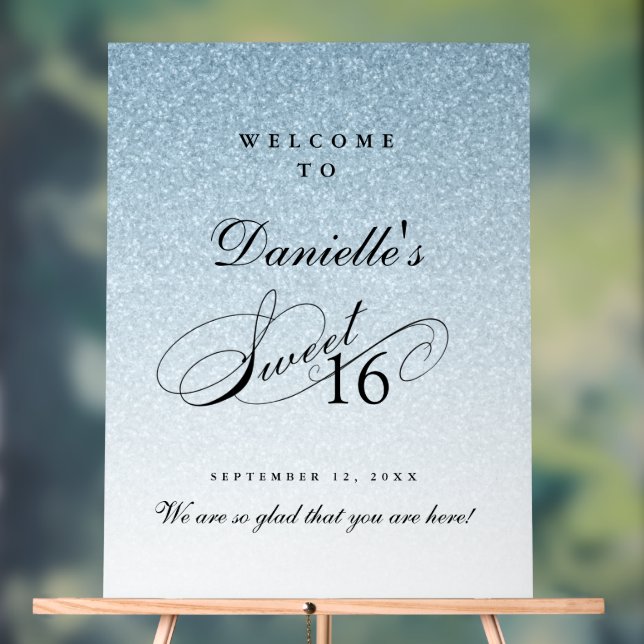 Light Blue Glitter Sweet 16 Personalised Welcome Acrylic Sign (Neutral)