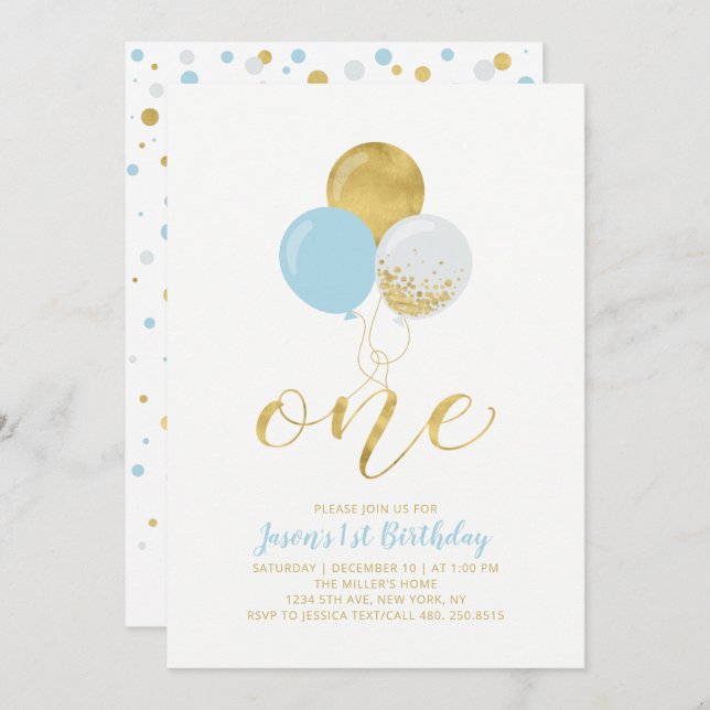 Light Blue & Gold Balloons | One 1st Boy Birthday Invitation (Front/Back)