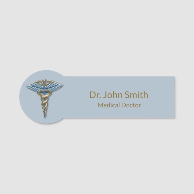 Light Blue Gold Caduceus Fine Professional Medical Name Tag (Front)