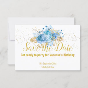 LIGHT BLUE GOLD FLORAL BOUQUET SAVE THE DATE RSVP CARD