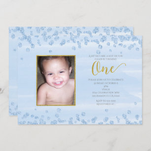Light Blue Gold ONE 1st Birthday Photo Invitation