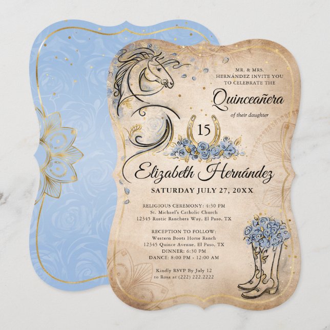 Light Blue Gold Quinceanera Rustic Horse Birthday Invitation (Front/Back)