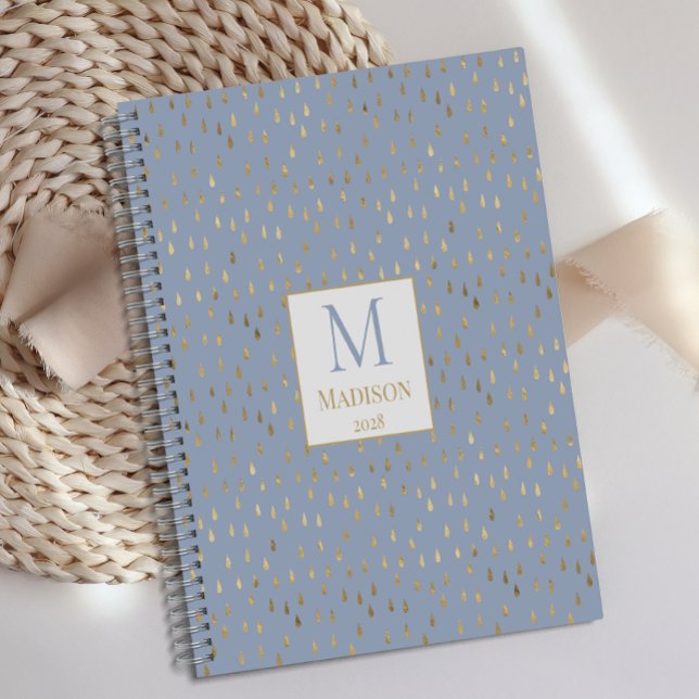 Light Blue Gold Raindrop Modern Trendy Monogram Planner (Creator Uploaded)