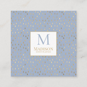Light Blue Gold Raindrop Modern Trendy Monogram Square Business Card
