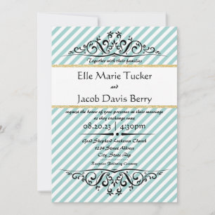 Light Blue Gold Stripe Flourish Wedding Invitation
