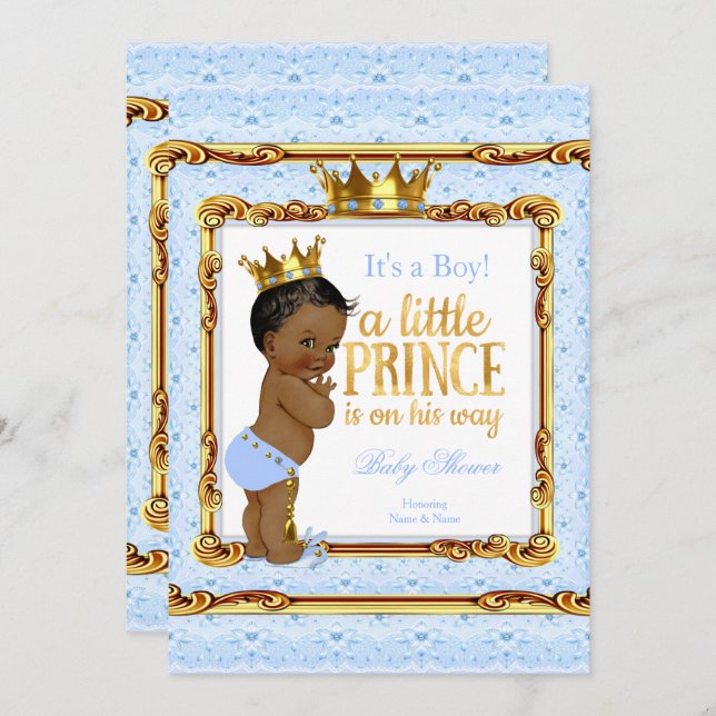 Light Blue Gold White Prince Baby Shower Ethnic Invitation (Front/Back)