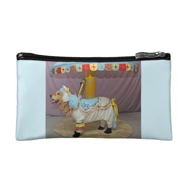 Light Blue Golden Retriever Carousel Horse Cosmetic Bag (Front)
