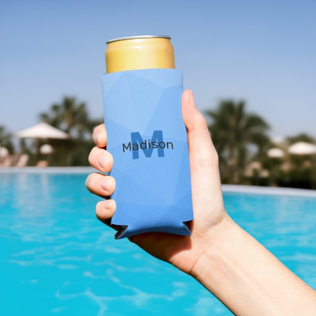 Light blue gradient geometry mesh pattern Monogram Seltzer Can Cooler (In Situ Pool)