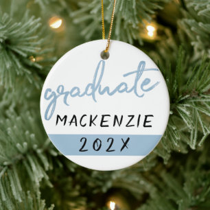 Light Blue Graduate   Cool Brush Script on White Ceramic Ornament