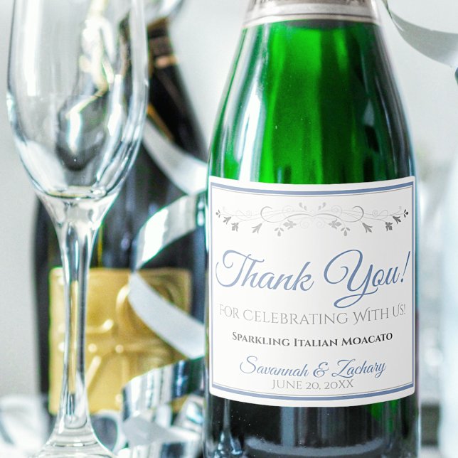 Light Blue & Gray Elegant Wedding Thank You Sparkling Wine Label (Creator Uploaded)
