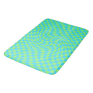 Light Blue & Green Warped Chequerboard Pattern  Bath Mat