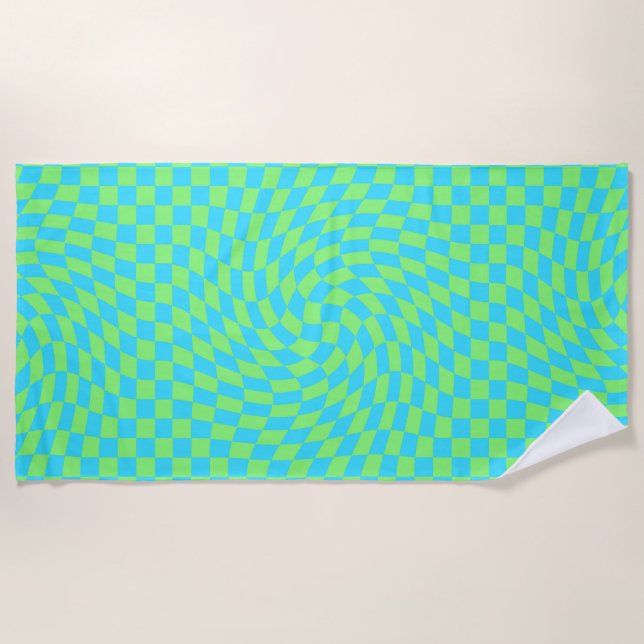 Light Blue & Green Warped Chequerboard Pattern  Beach Towel (Front)