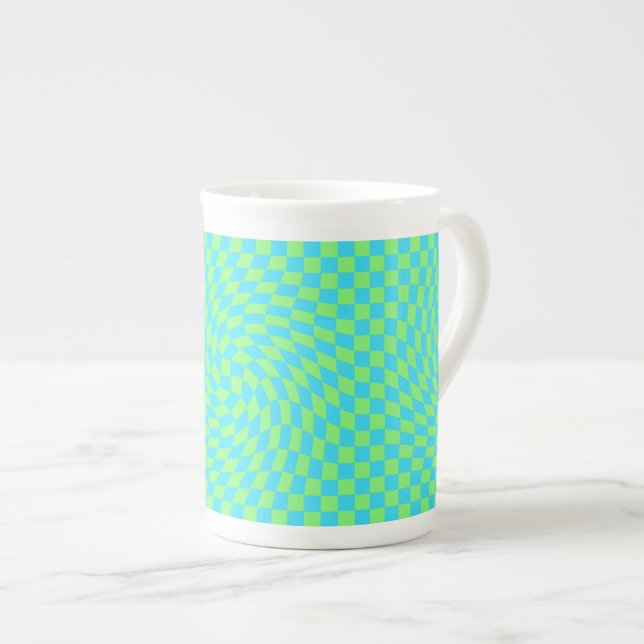 Light Blue & Green Warped Chequerboard Pattern  Bone China Mug (Front Right)