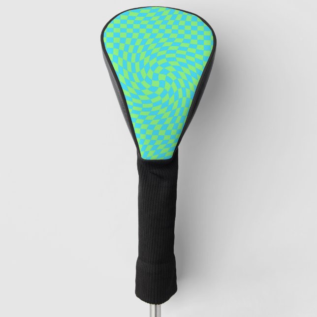 Light Blue & Green Warped Chequerboard Pattern  Golf Head Cover (Front)