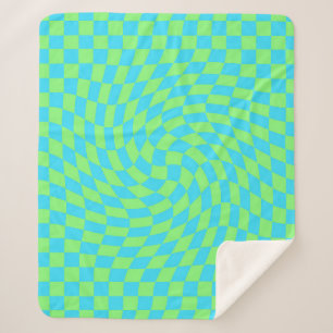 Light Blue & Green Warped Chequerboard Pattern Sherpa Blanket
