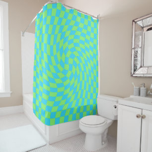 Light Blue & Green Warped Chequerboard Pattern Shower Curtain