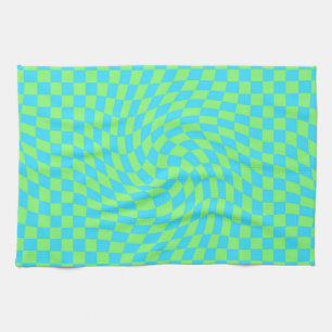 Light Blue & Green Warped Chequerboard Pattern  Tea Towel