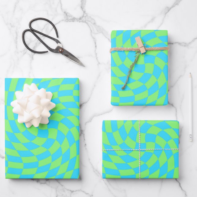 Light Blue & Green Warped Chequerboard Pattern  Wrapping Paper Sheet (Front)