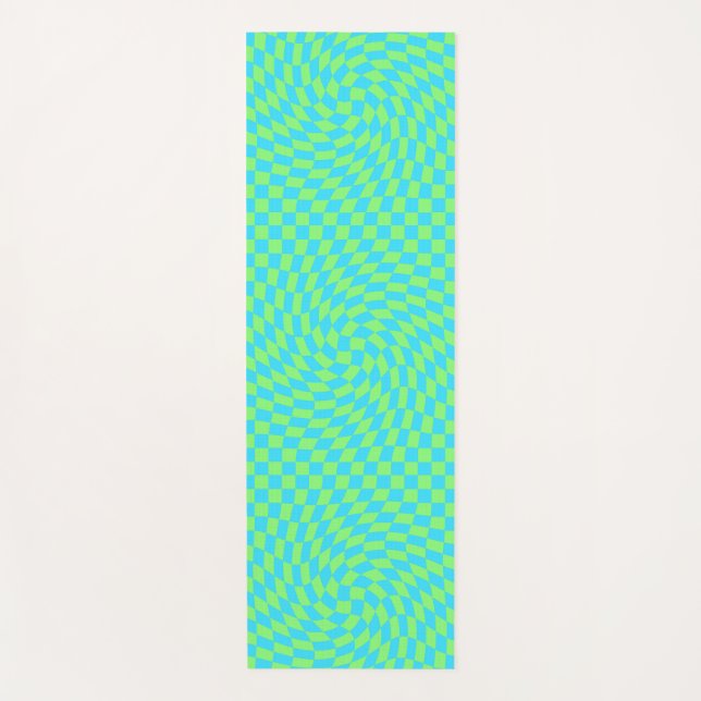 Light Blue & Green Warped Chequerboard Pattern  Yoga Mat (Front)