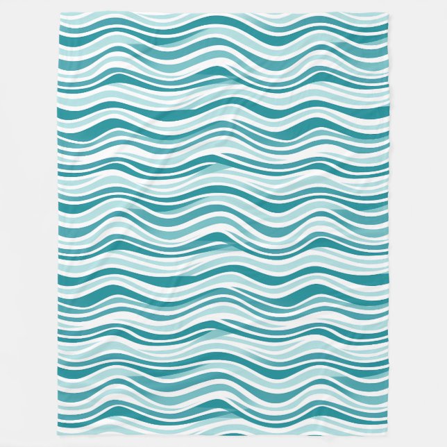 Light Blue / Green Wavy Lines on White Background  Fleece Blanket (Front)