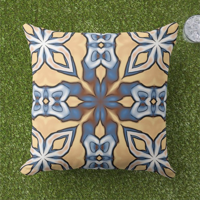 Light Blue Grey Cream Yellow Tan Brown Tribal Art Cushion (Grass)