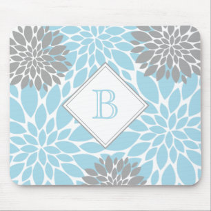 Light Blue Grey Modern Blooms Initial Monogram Mouse Pad