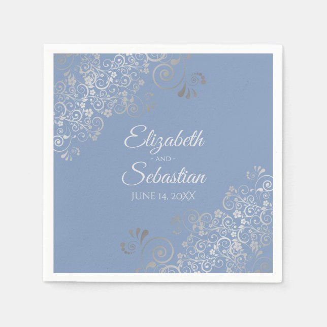 Light Blue Grey & Silver Frills Elegant Wedding Napkin (Front)