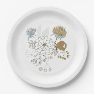 Light blue grey tan summer florals  paper plate