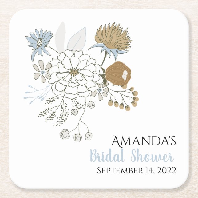 Light blue grey tan summer florals  square paper coaster (Front)