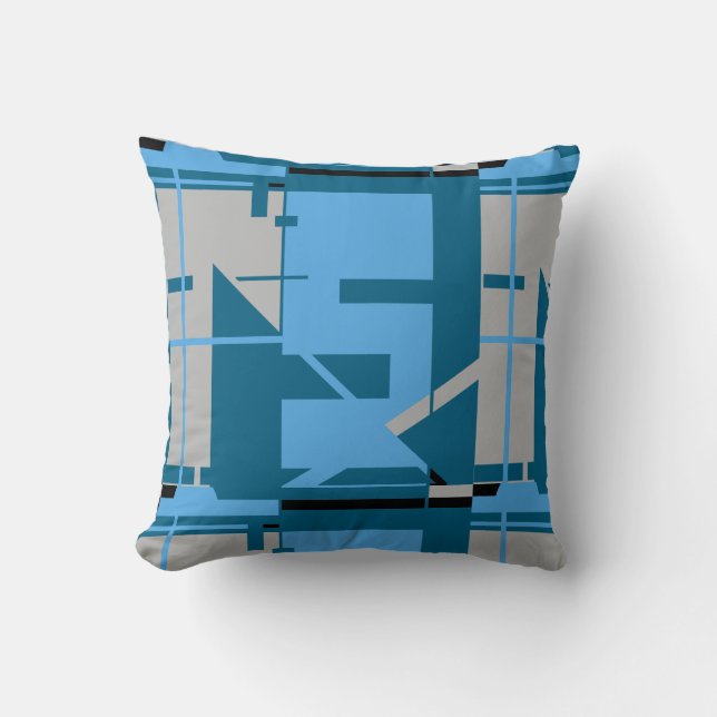 Light Blue Grey Turquoise Geometric Art Abstract Cushion (Front)