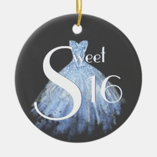 Light Blue, Grey, White Sweet Sixteen Trendy Ceramic Ornament
