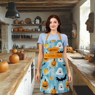 Light Blue Halloween with Ghosts, Pumpkins, Bats  Apron