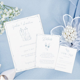 Light Blue Hand Drawn Bride and Groom Wedding Invitation
