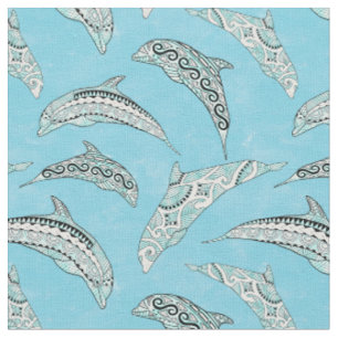 Light Blue Hawaiian Tribal Dolphins Fabric