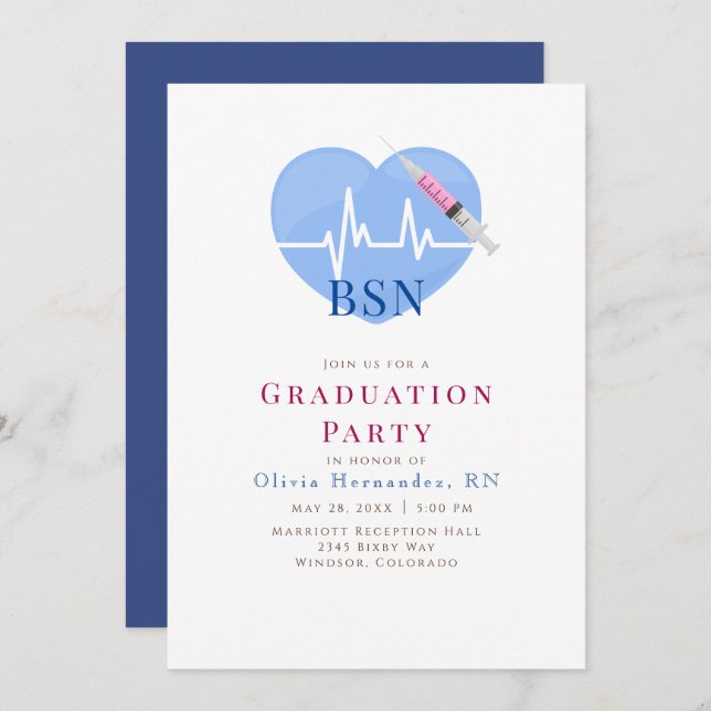 Light Blue Heart, Heartbeat and Syringe Nursing Invitation (Front/Back)