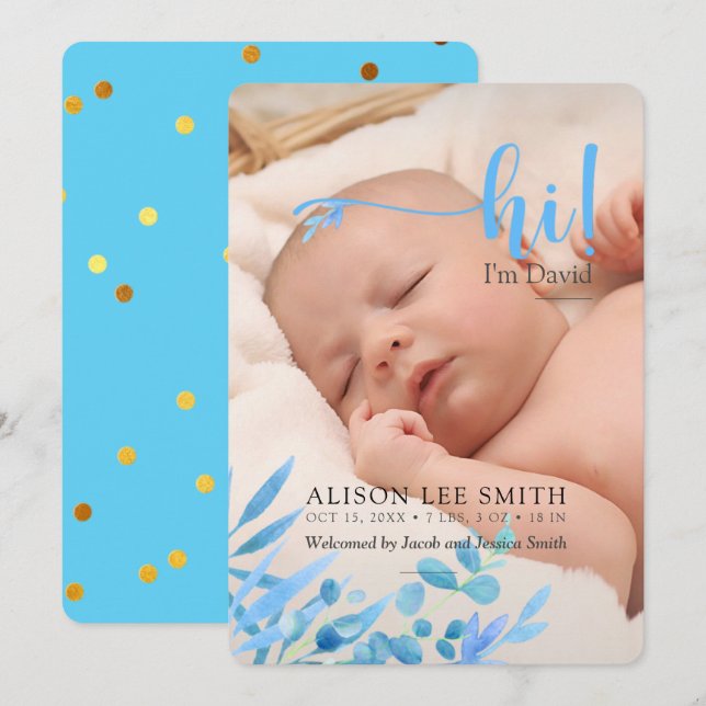 Light blue "Hi" with leaves birth Announcement (Front/Back)