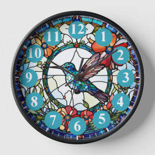 Light Blue Hummingbird Stained Glass Bird Clock