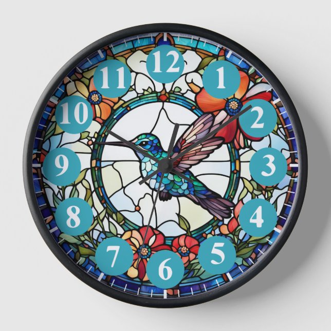 Light Blue Hummingbird Stained Glass Bird Clock (Front)