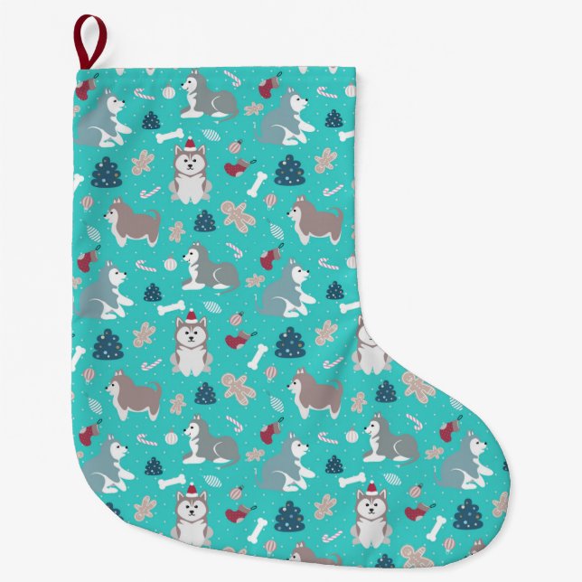 Light Blue Husky Dog Christmas Stocking (Front)