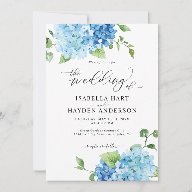 Light Blue Hydrangea All In One QR Floral Wedding Invitation (Front)