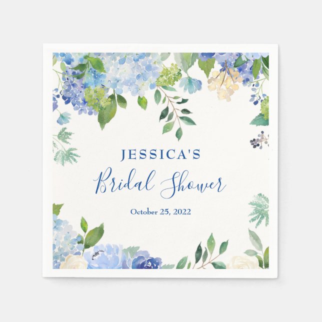 Light Blue Hydrangea Floral Bridal Shower Paper Napkin (Front)