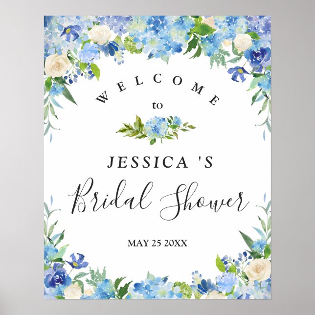 Light Blue Hydrangea Floral Bridal Shower  Sign (Front)