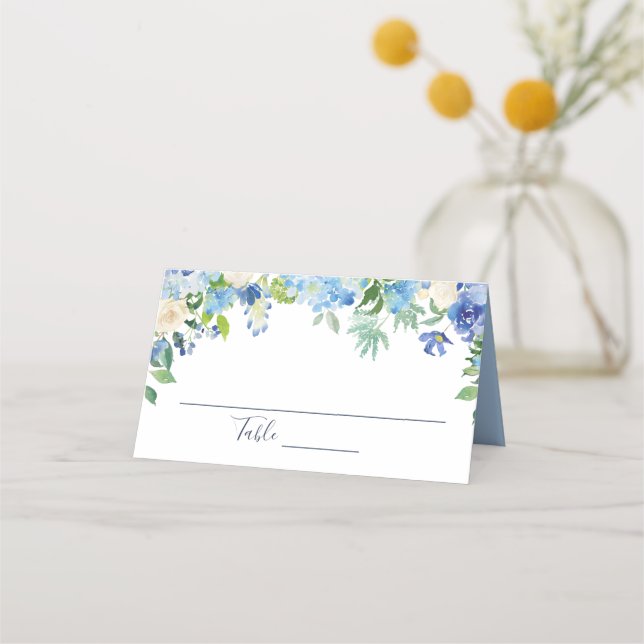 Light Blue Hydrangea  Floral Wedding Table Place Card (Front)