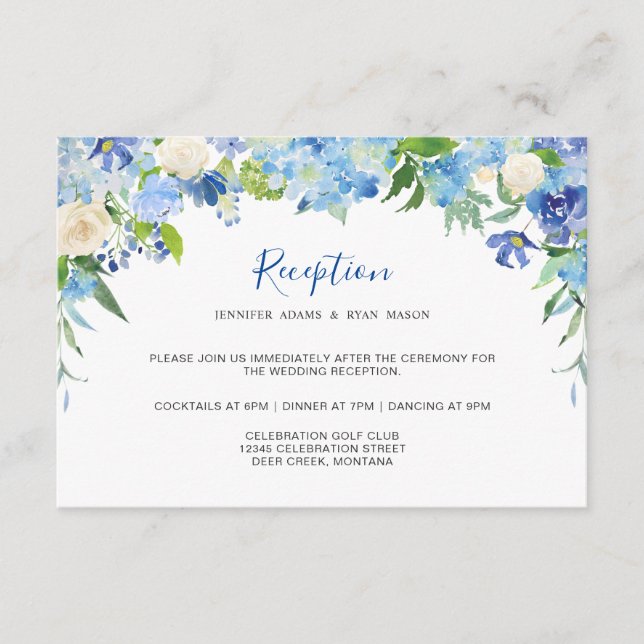 Light Blue Hydrangea & Greenery Wedding Reception Enclosure Card (Front)