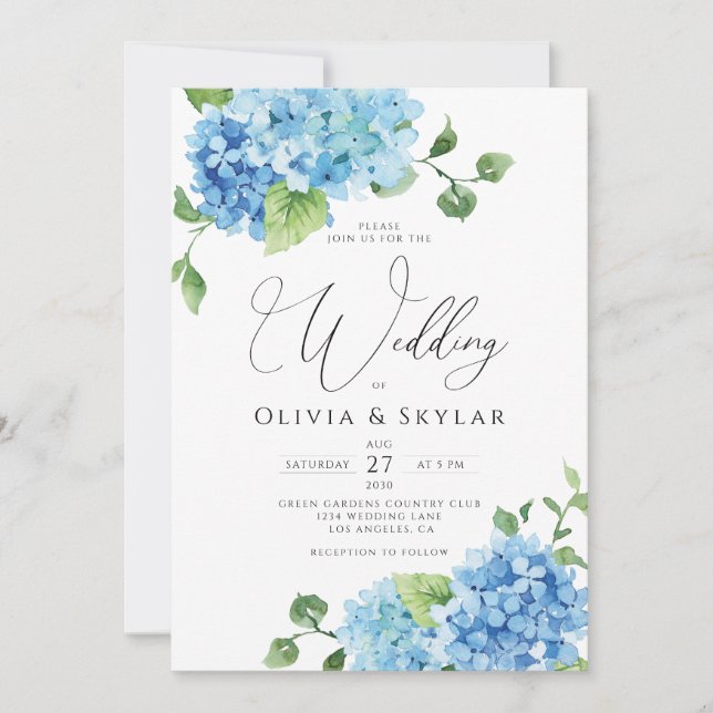 Light Blue Hydrangea QR Code All In One Wedding Invitation (Front)